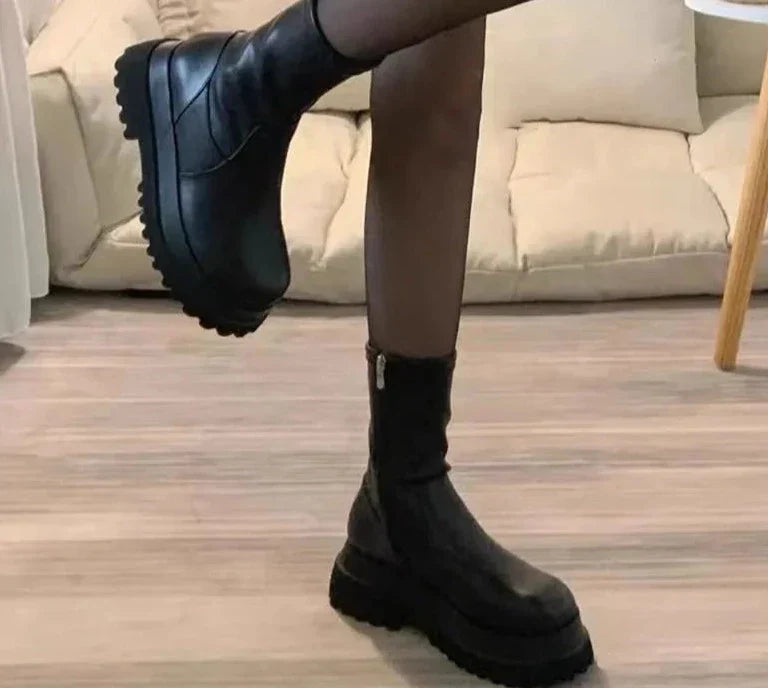 Chunky Ankle Boots – Elastic Synthetic Leather Fashion Footwear