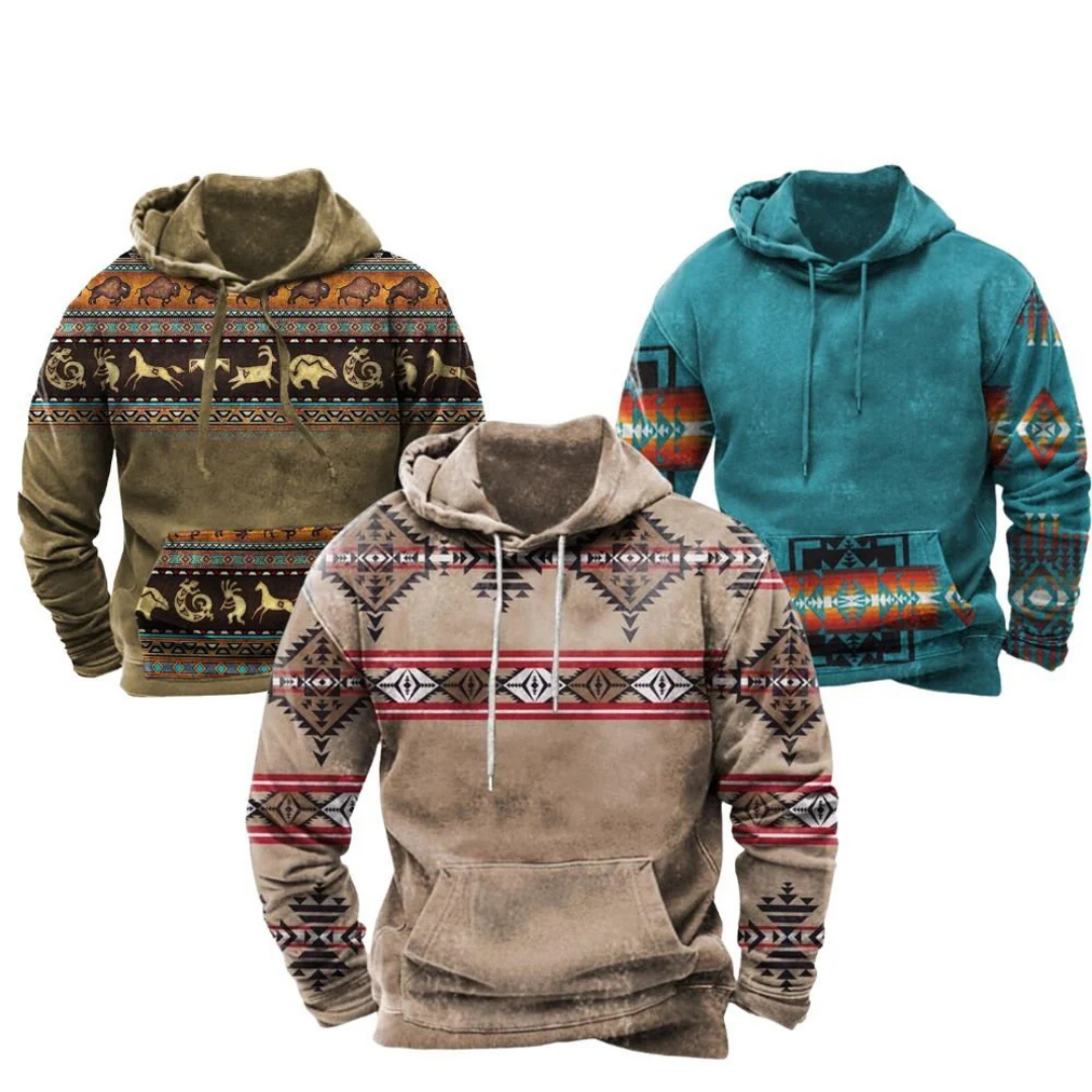 Sudadera con Capucha Hombre – Sudadera Vintage Tribal con Bolsillo Canguro