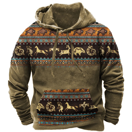 Sudadera casual hombre – Sudadera vintage con capucha y estampado boho