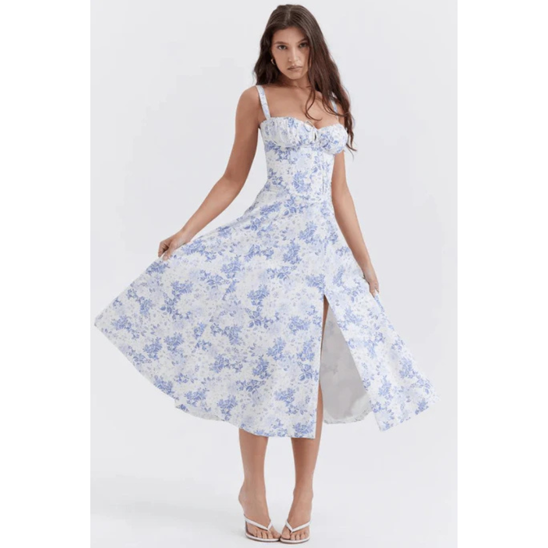 Vestido elegante midi dama – Corsé con bustier floral de verano