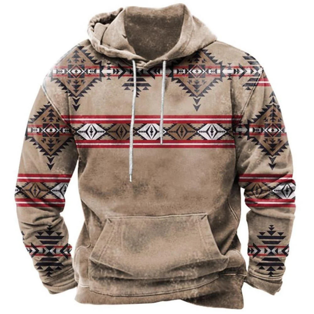 Sudadera casual hombre – Sudadera vintage con capucha y estampado boho