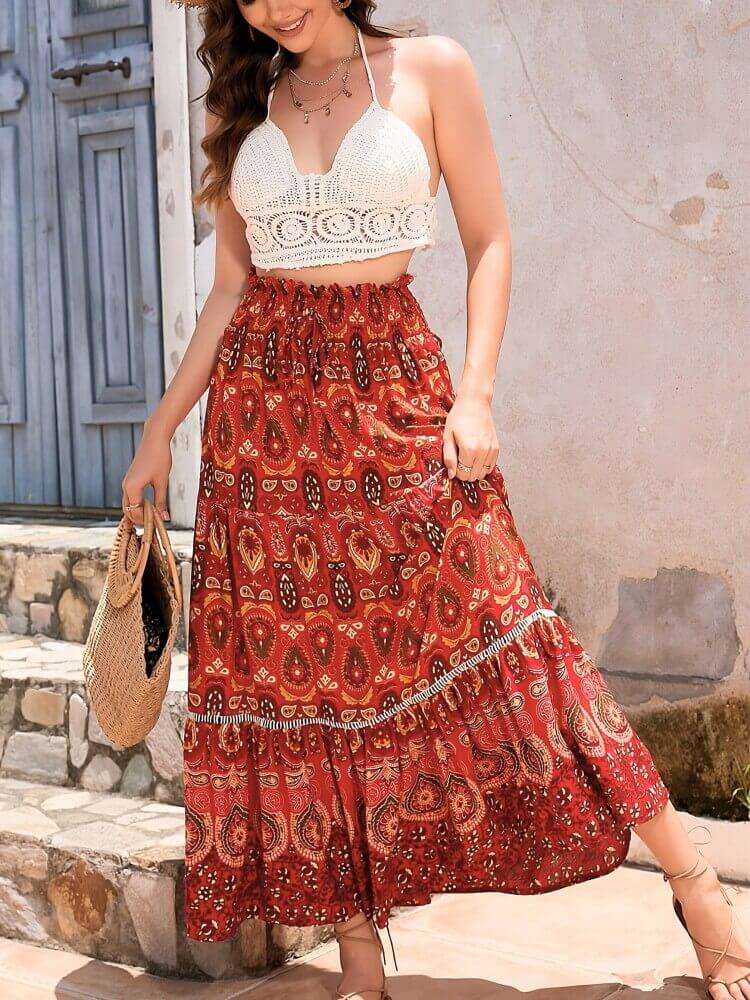 Falda maxi colorida mujer – Falda larga roja estampada elegante y fresca