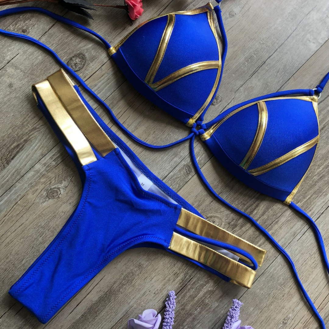 Bikini triangular dama – Conjunto dos piezas con detalles dorados