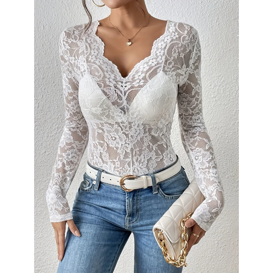 Top de Encaje Dama – Blusa Manga Larga Escote en V Elegante