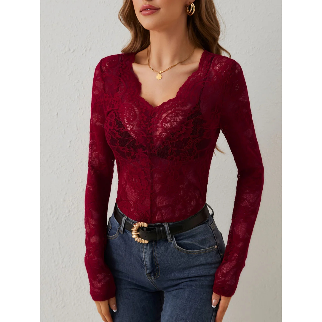 Top de Encaje Dama – Blusa Manga Larga Escote en V Elegante