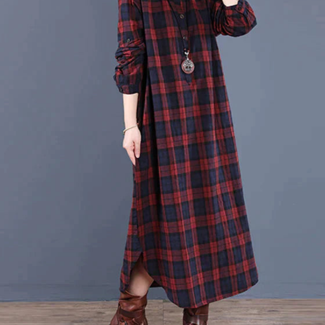 Vestido midi dama – Camisa de cuadros manga larga elegante