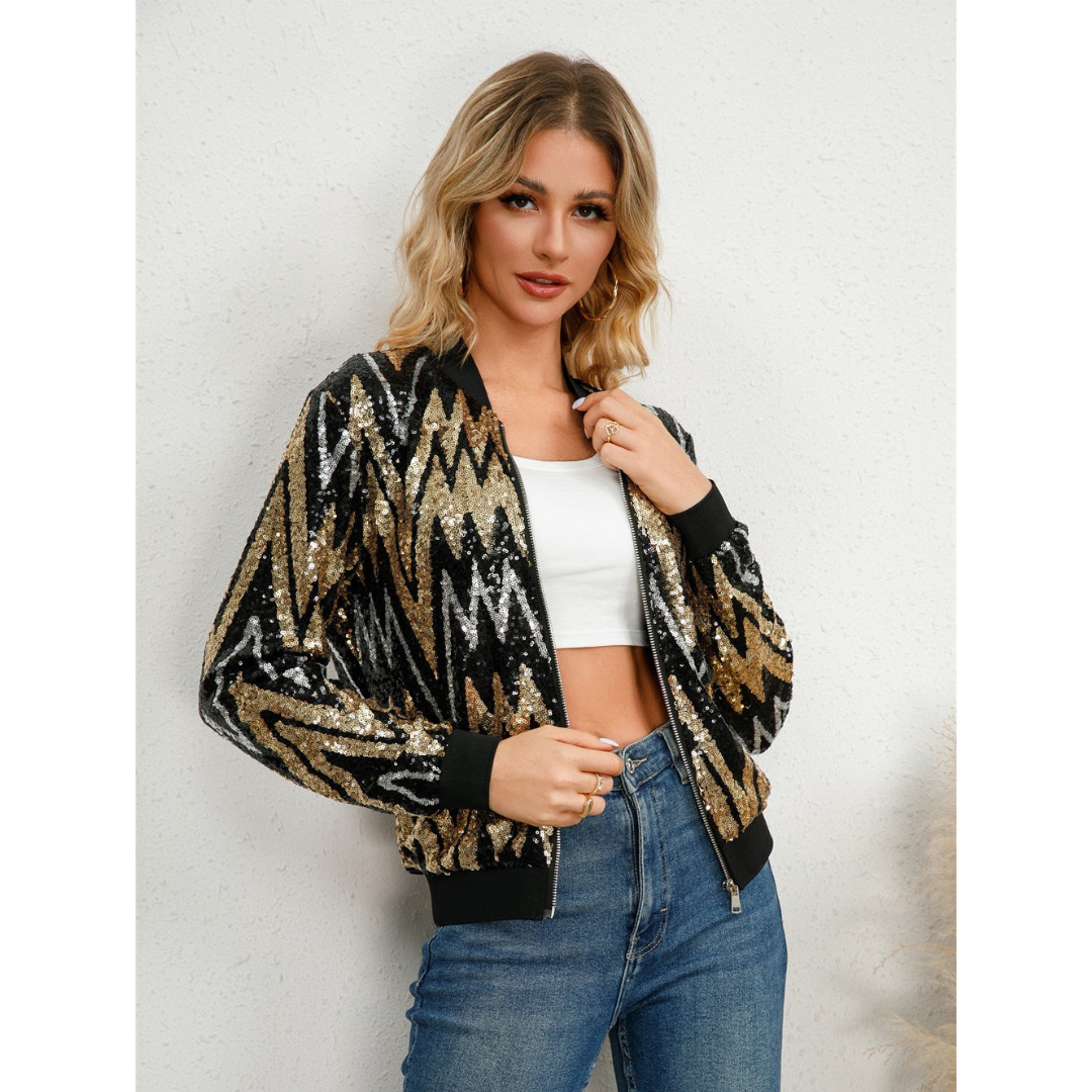 Chaqueta elegante para damas – Chaqueta con cremallera y paillettes para ocasiones especiales