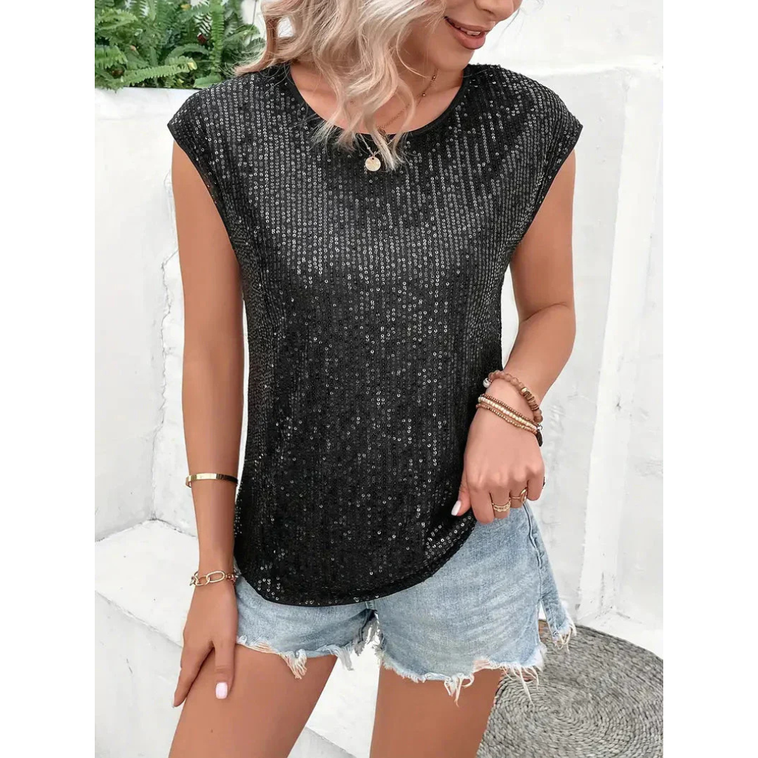 Top de Paillettes Mujer – Blusa Chic Manga Corta Brillante