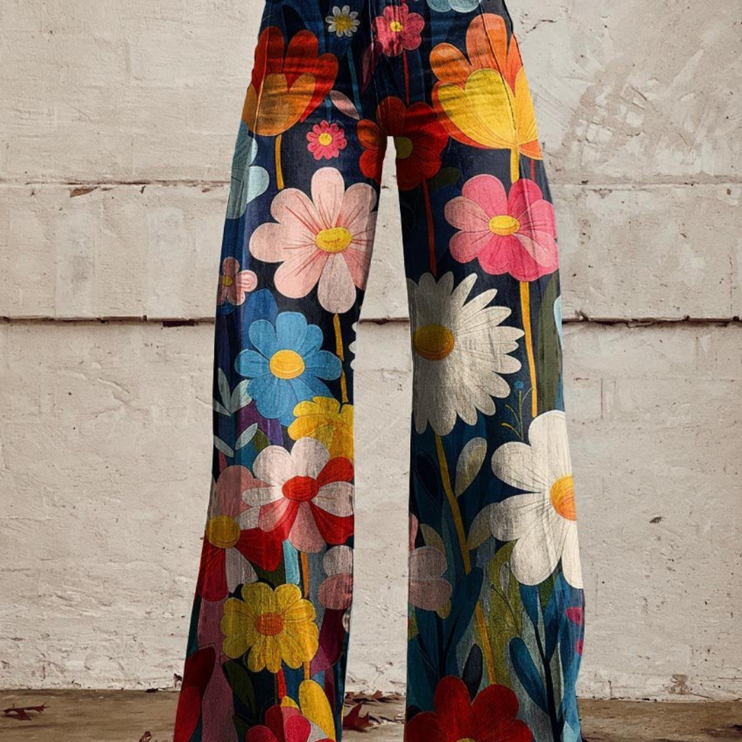 Pantalones mujer alta cintura – Estampado flores y pierna ancha