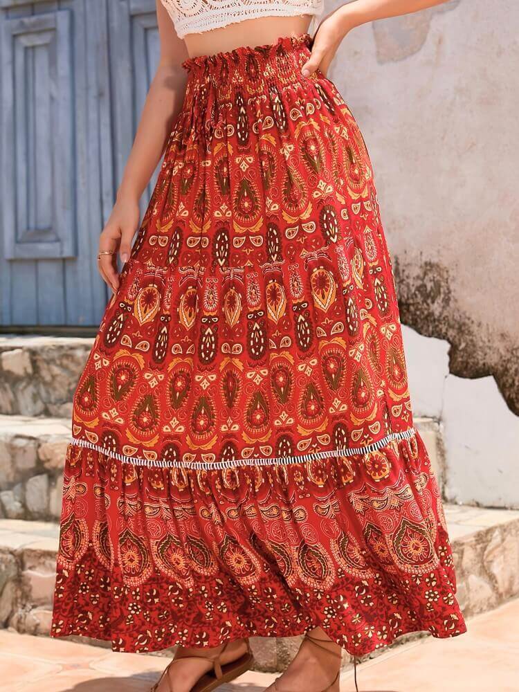 Falda maxi colorida mujer – Falda larga roja estampada elegante y fresca