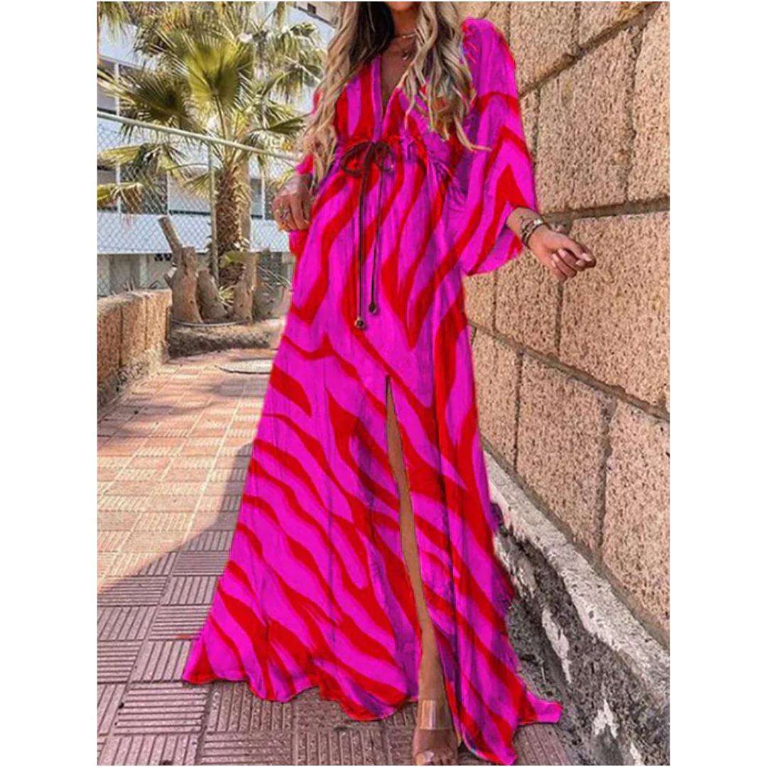 Vestido Maxi Colorido Dama – Escote en V y Abertura Elegante