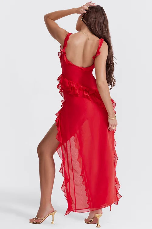 Vestido elegante dama – Maxi con volantes y alta abertura para ocasiones especiales