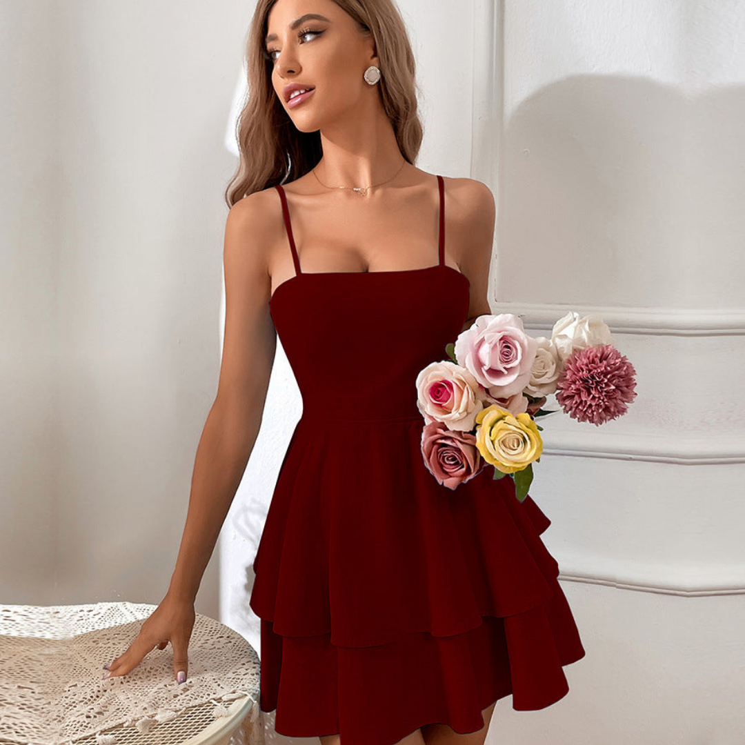 Vestido mini elegante dama – Vestido de tirantes espagueti en capas para fiesta