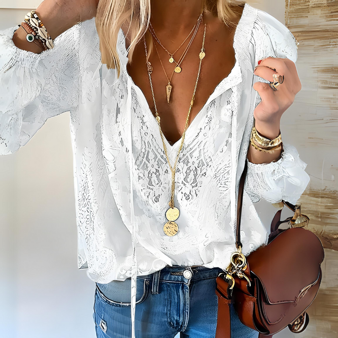 Blusa boho mujer – Blusa vintage con escote abierto y diseño chic