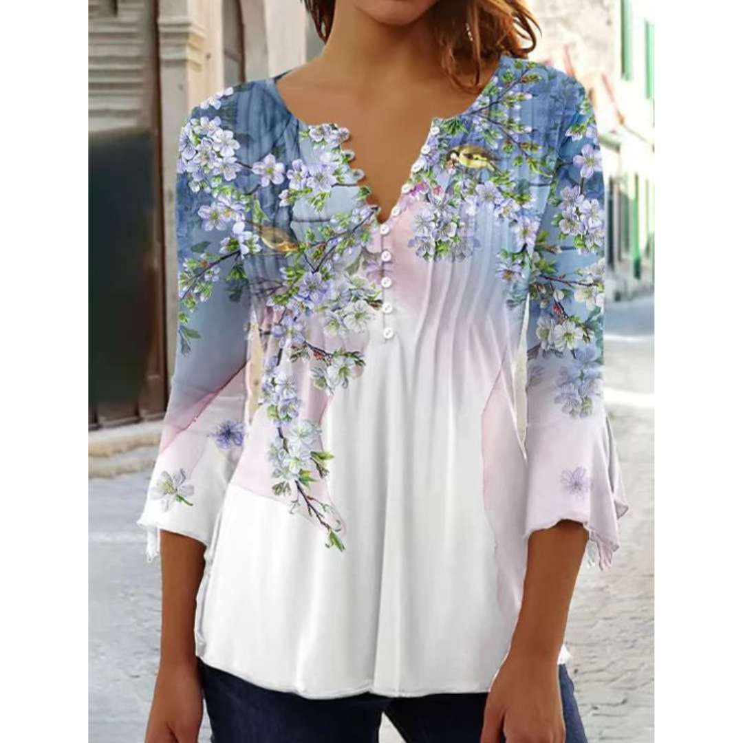 Top con escote en V dama – Blusa manga larga estampada elegante