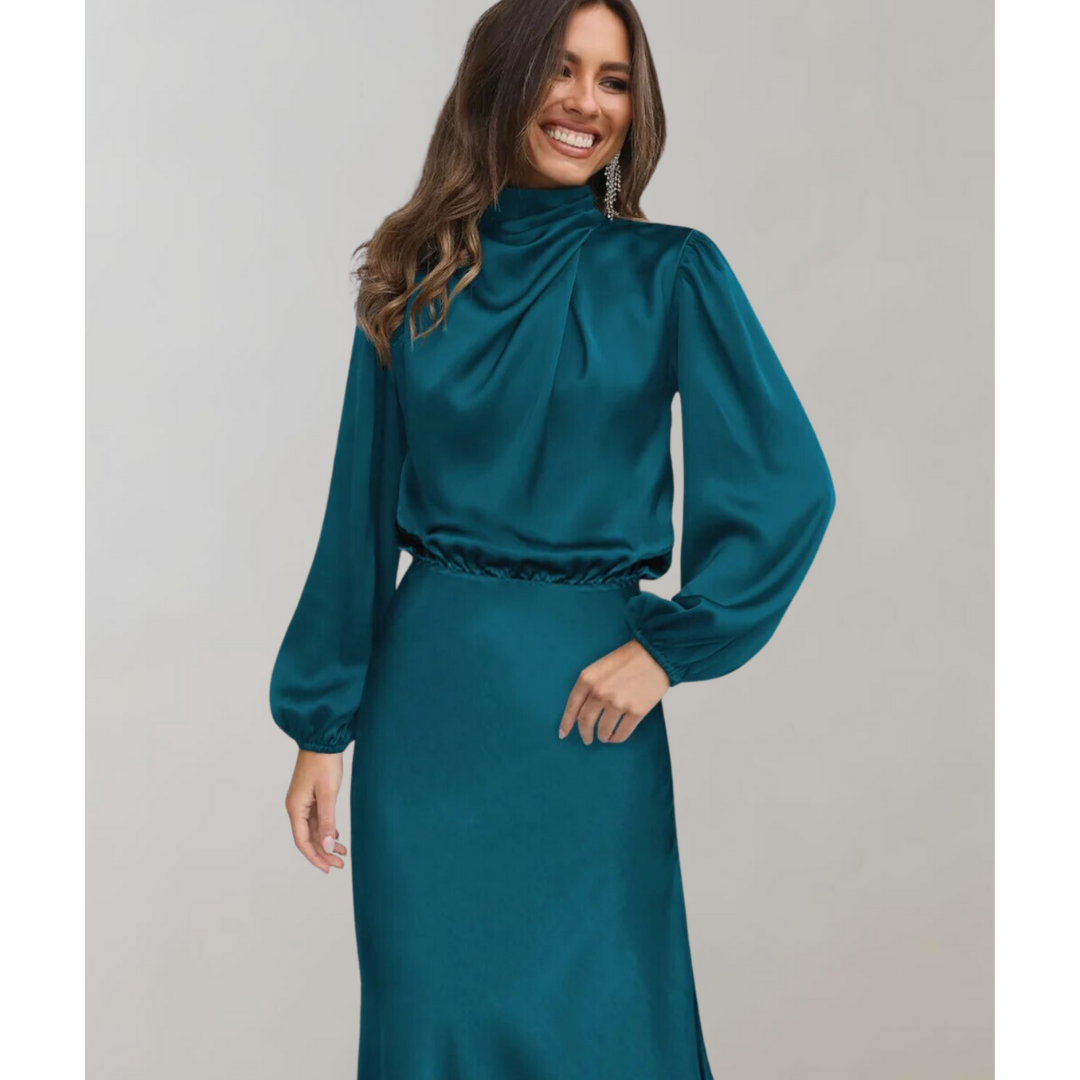 Vestido elegante midi dama – Vestido de manga larga con cuello alto para ocasiones especiales