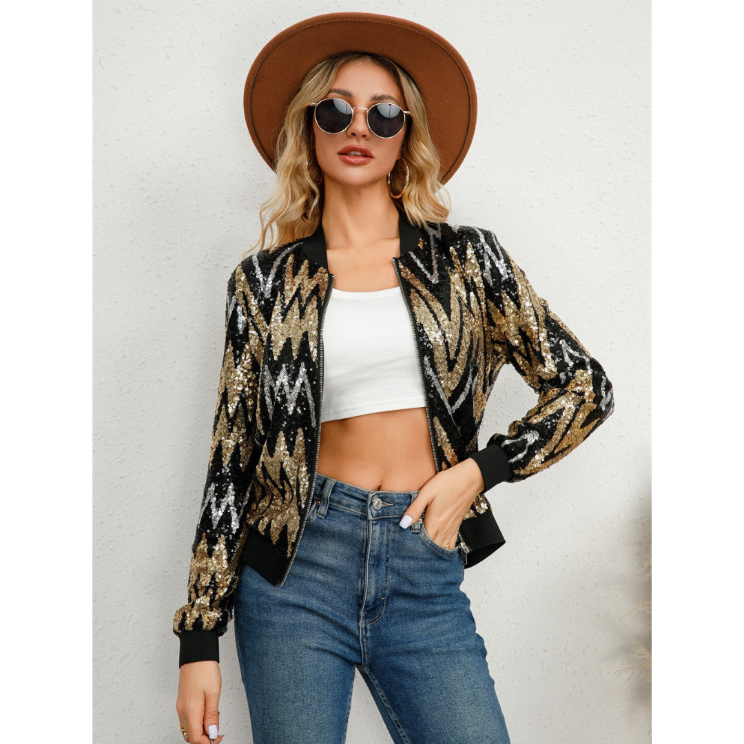 Chaqueta elegante para damas – Chaqueta con cremallera y paillettes para ocasiones especiales