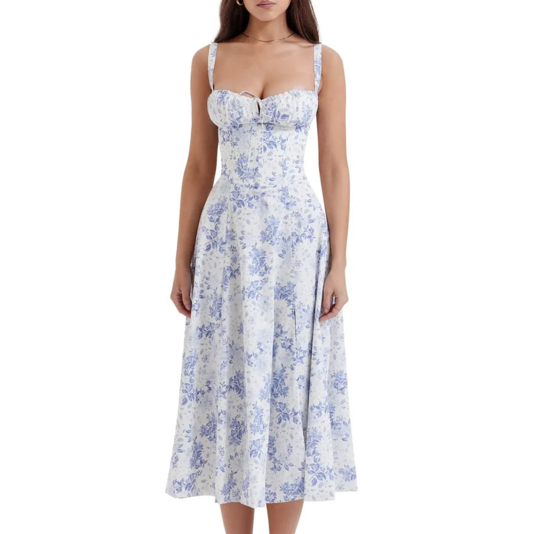 Vestido elegante midi dama – Corsé con bustier floral de verano