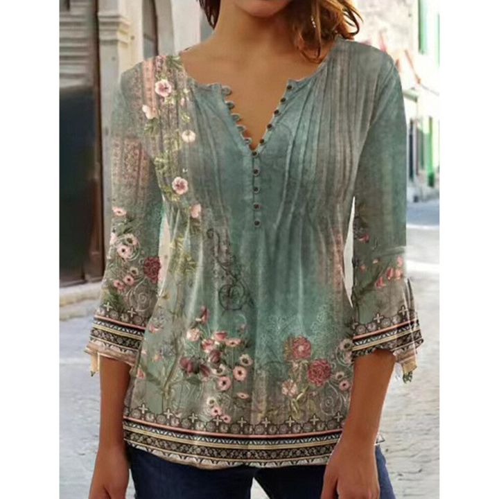 Top con escote en V dama – Blusa manga larga estampada elegante