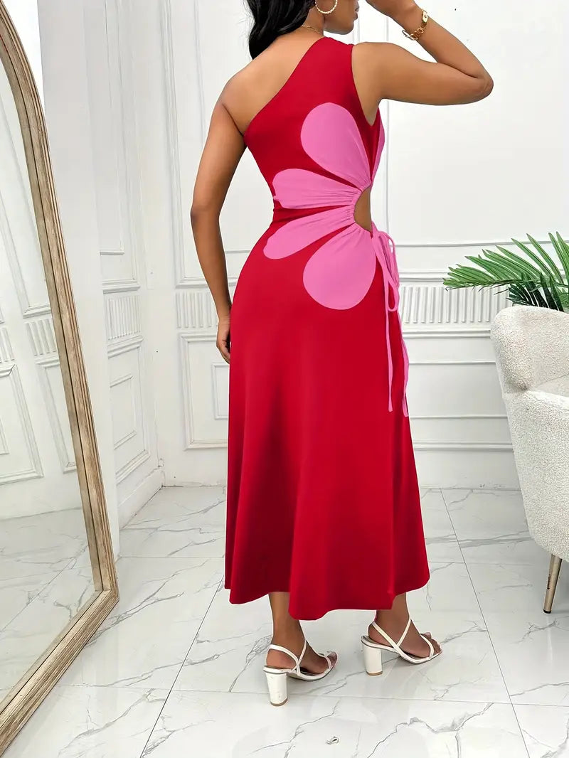 Vestido de fiesta rojo mujer – Vestido sin mangas con estampado de flores rosas elegante