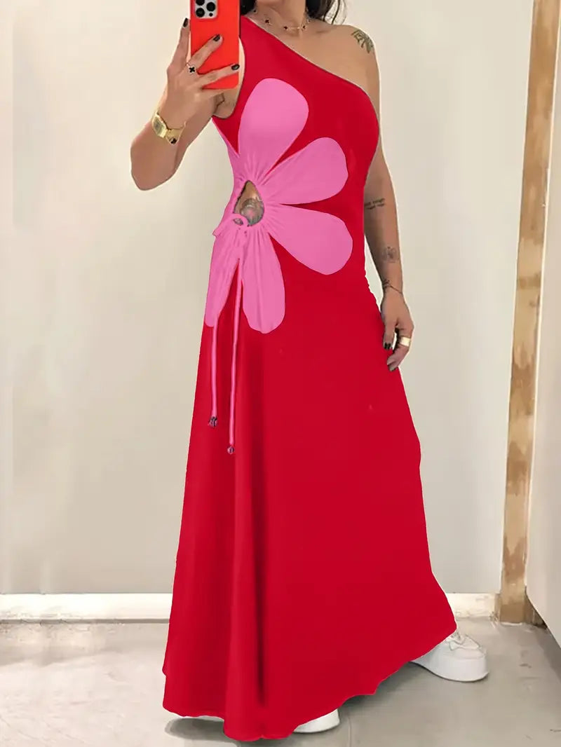 Vestido de fiesta rojo mujer – Vestido sin mangas con estampado de flores rosas elegante