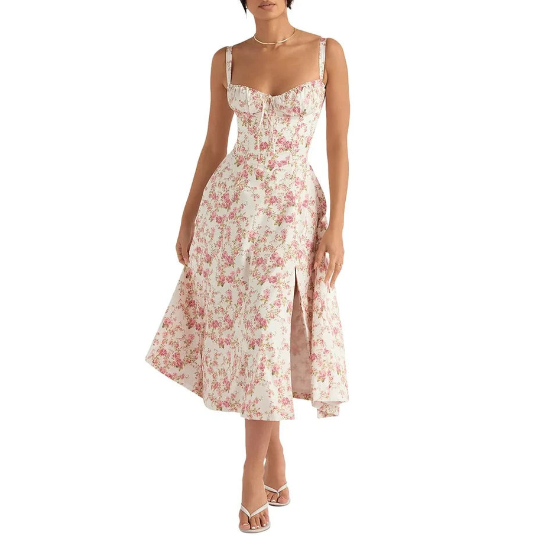 Vestido elegante midi dama – Corsé con bustier floral de verano