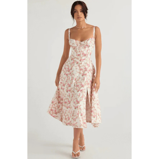 Vestido elegante midi dama – Corsé con bustier floral de verano