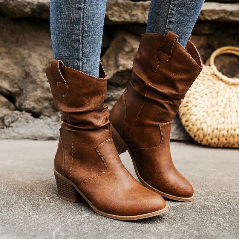 Botas Cowboy Dama Elegantes – Botines Slip-On Tacón Bajo Chic