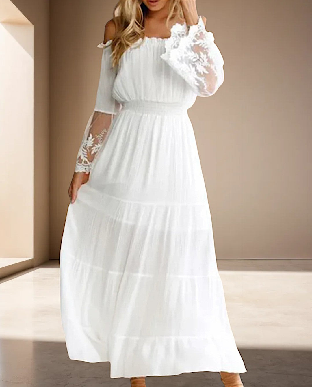 Vestido largo encaje mujer – Vestido elegante blanco y negro para ceremonia