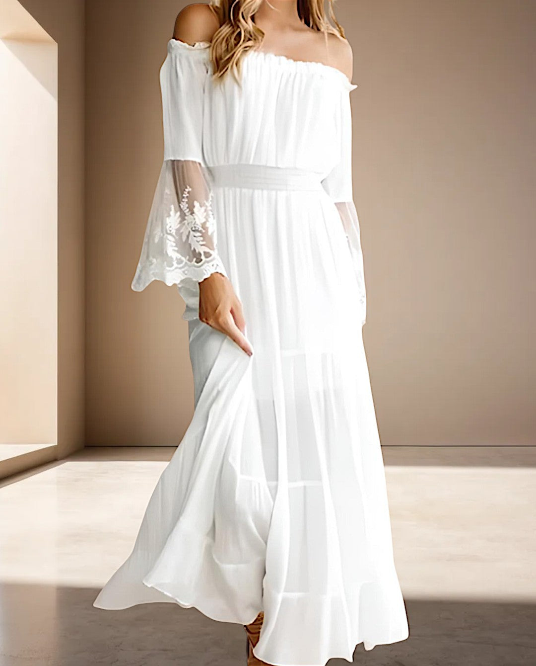 Vestido largo encaje mujer – Vestido elegante blanco y negro para ceremonia