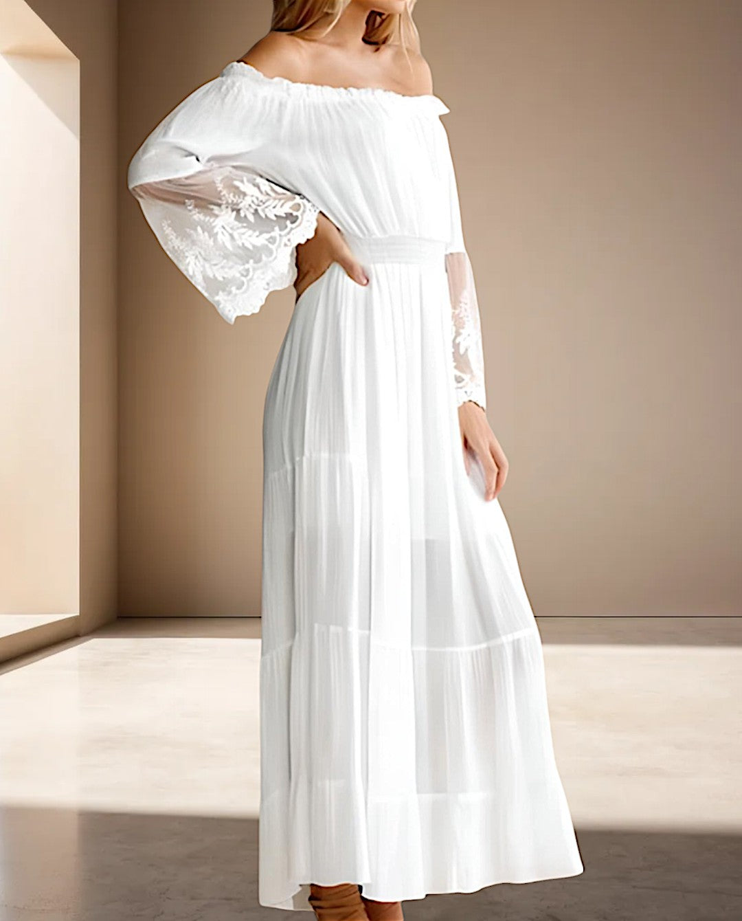 Vestido largo encaje mujer – Vestido elegante blanco y negro para ceremonia