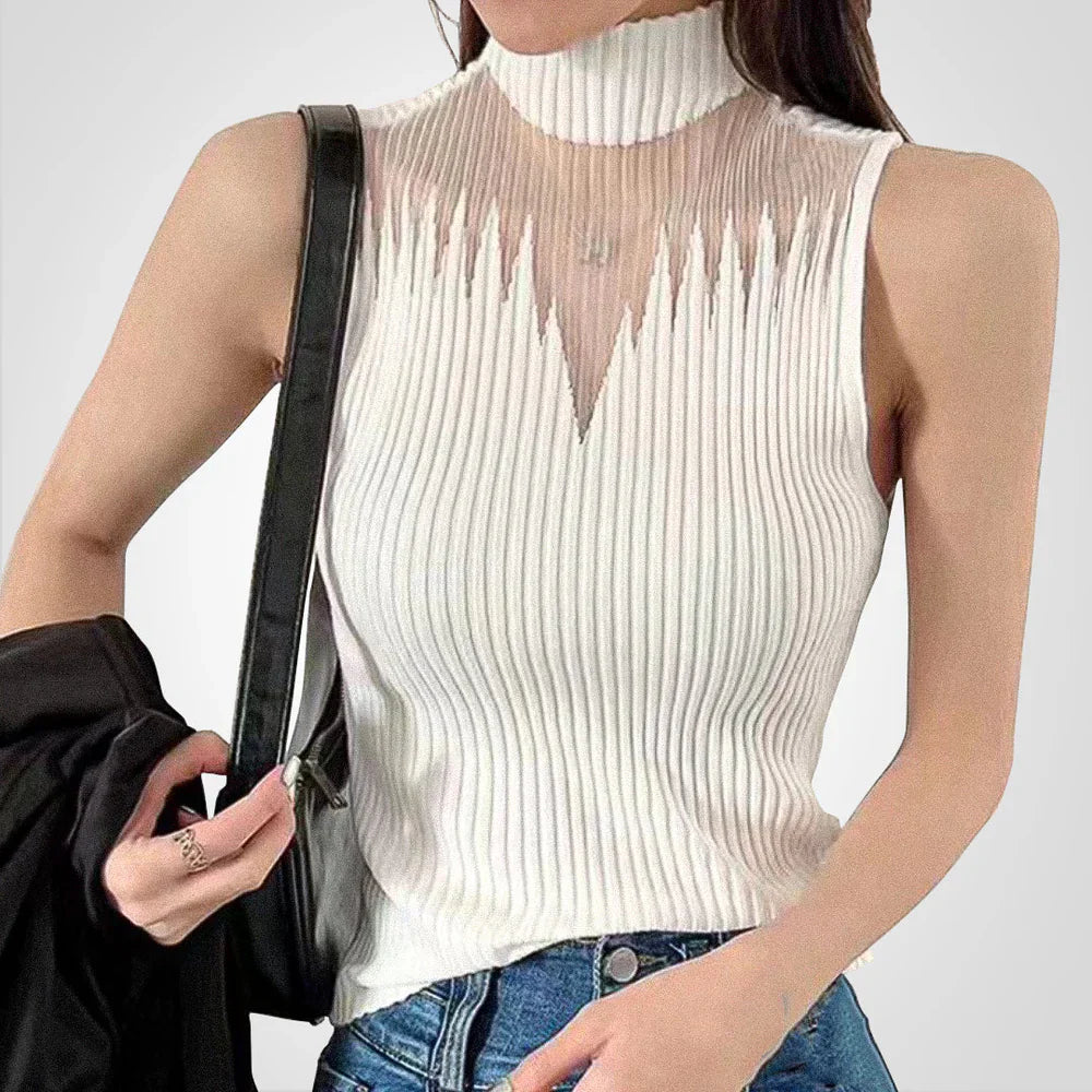 Top corto transparente mujer – Blusa halter de punto chic y ligera