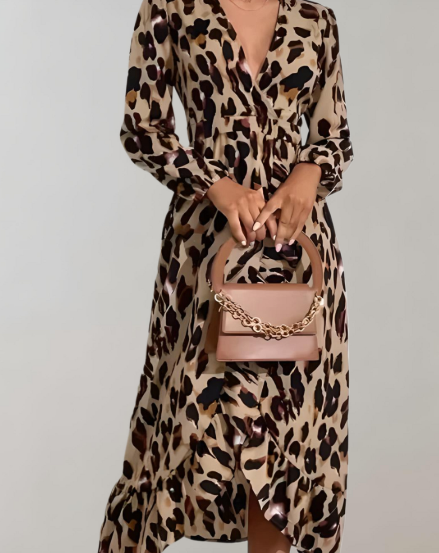 Vestido largo mujer – Vestido de manga larga con estampado de leopardo elegante