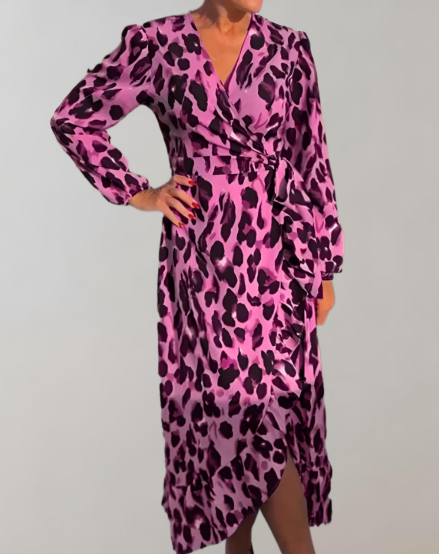 Vestido largo mujer – Vestido de manga larga con estampado de leopardo elegante