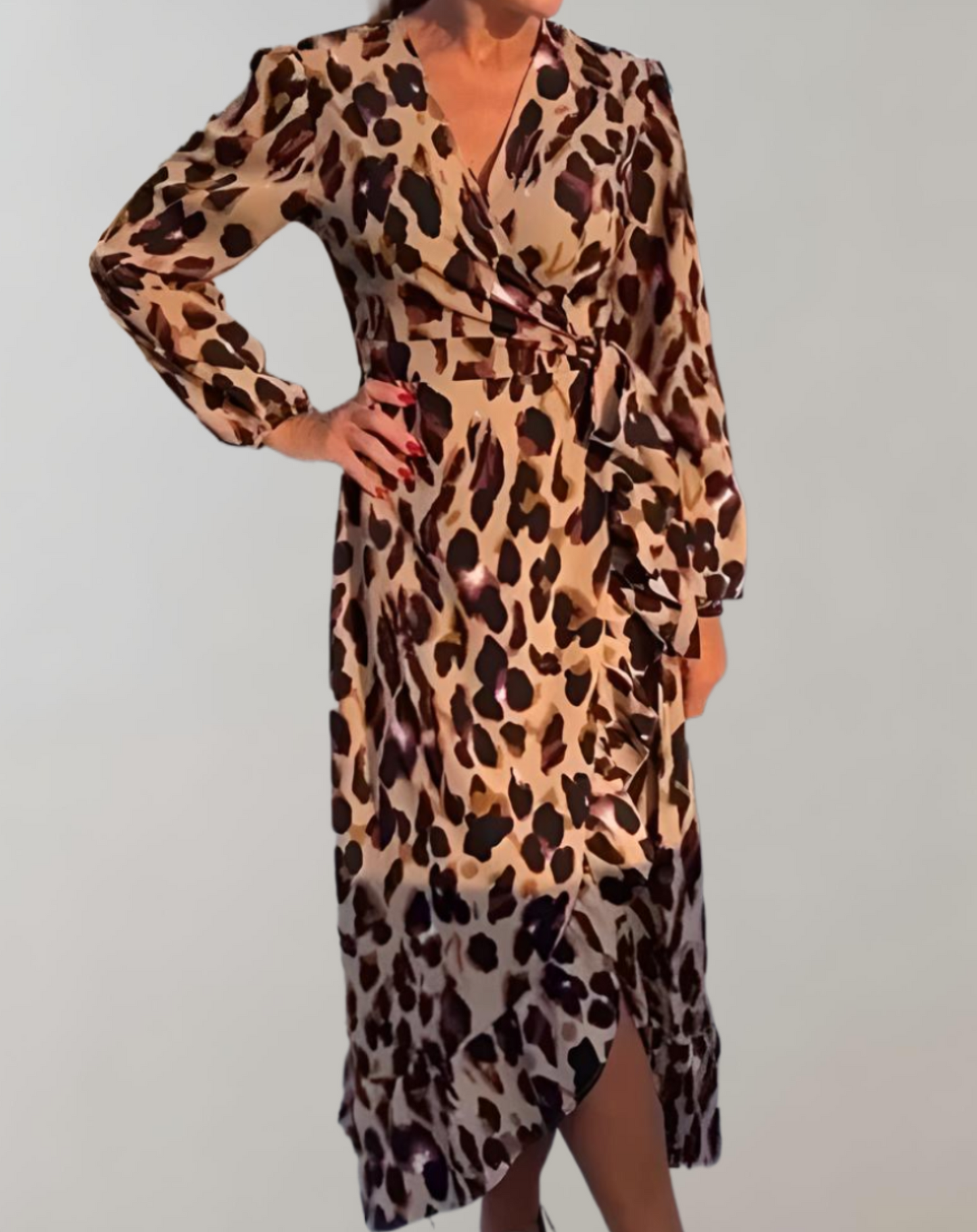 Vestido largo mujer – Vestido de manga larga con estampado de leopardo elegante