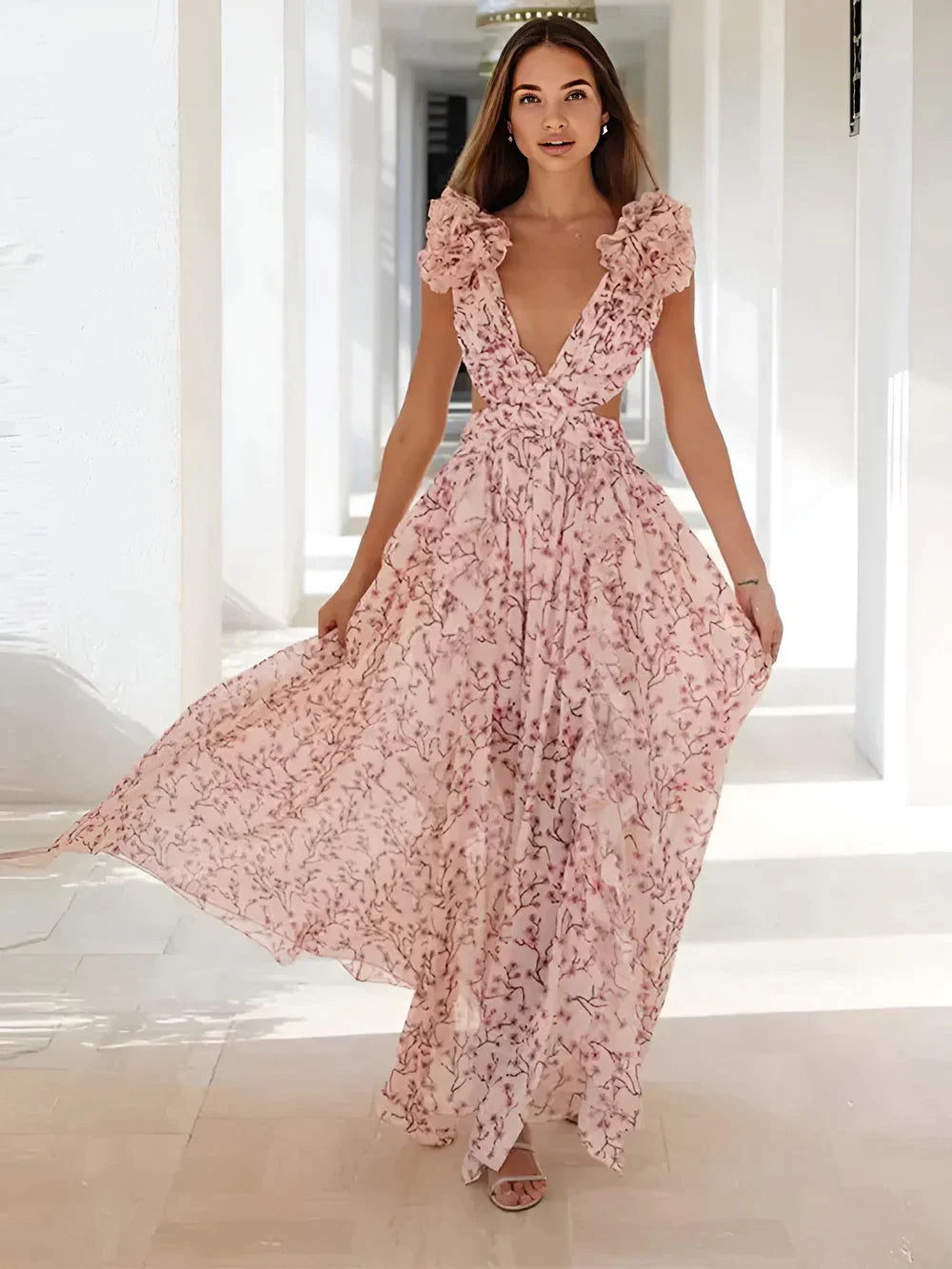 Maxivestido mujer – Vestido elegante con hombros fruncidos y diseño chic