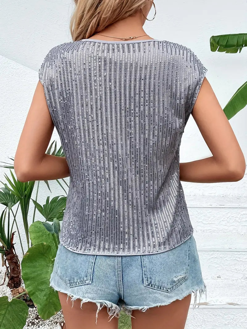 Blusa brillante sin mangas mujer – Top de lentejuelas elegante y festivo