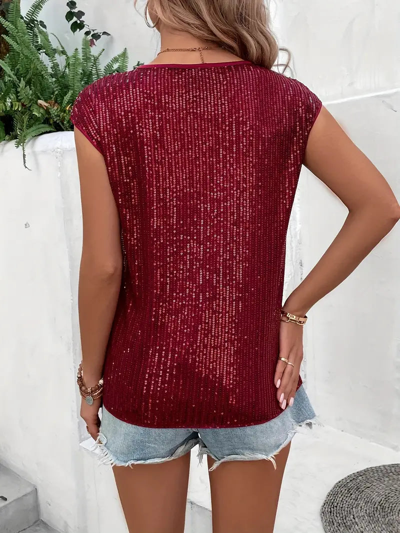 Blusa brillante sin mangas mujer – Top de lentejuelas elegante y festivo