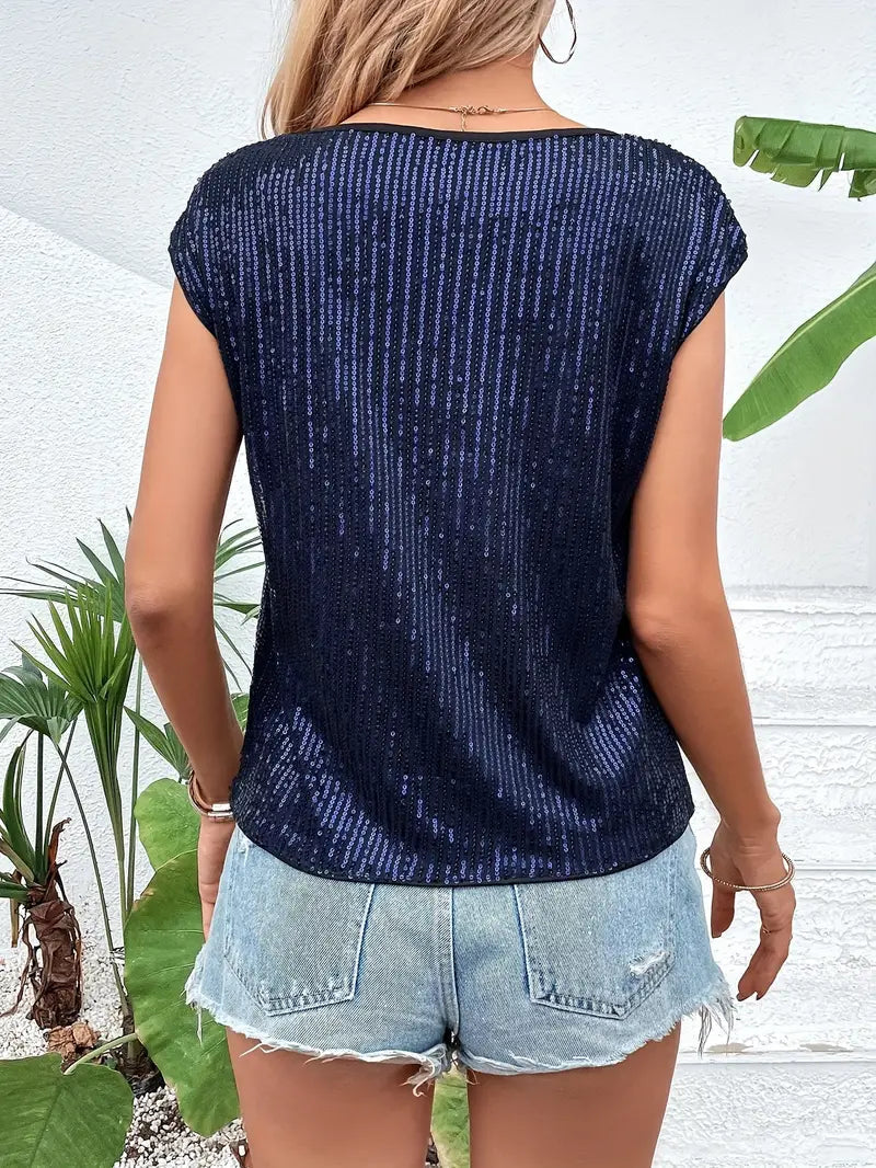 Blusa brillante sin mangas mujer – Top de lentejuelas elegante y festivo