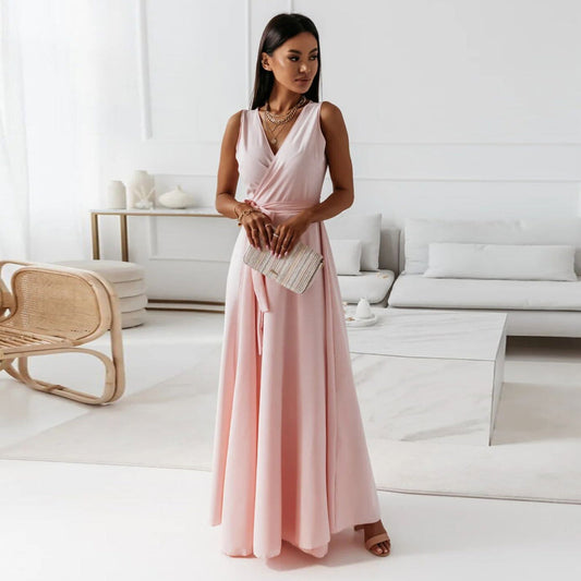 Vestido envolvente dama – Maxi con escote en V y mangas elegantes