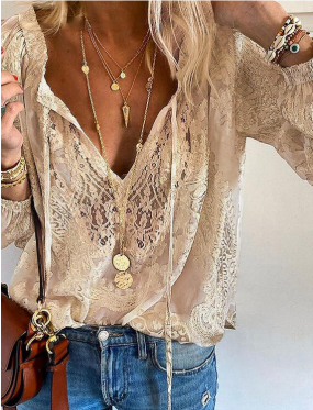 Blusa boho mujer – Blusa vintage con escote abierto y diseño chic