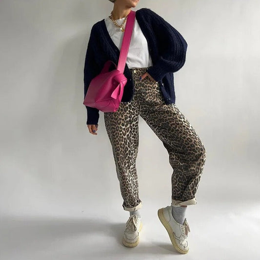 Jeans vintage mujer - Pantalones estampado leopardo chic