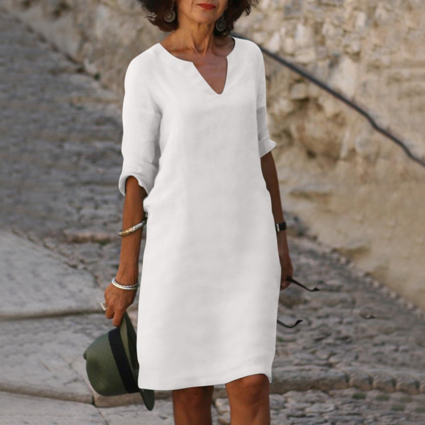 Summer Dress Women - Elegant V-Neck Polyester Dress for Casual or Party