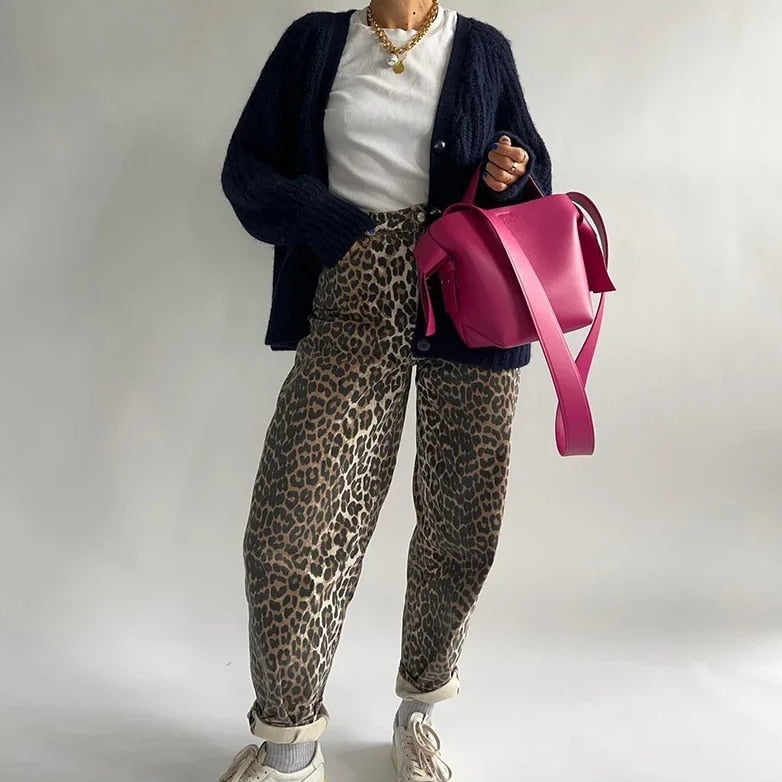 Jeans vintage mujer - Pantalones estampado leopardo chic