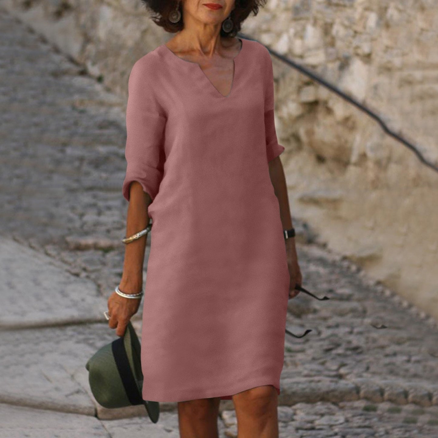 Summer Dress Women - Elegant V-Neck Polyester Dress for Casual or Party