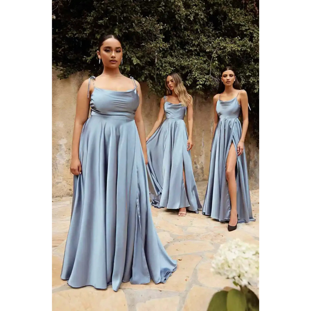 Vestido elegante dama tirantes espagueti maxi alto corte