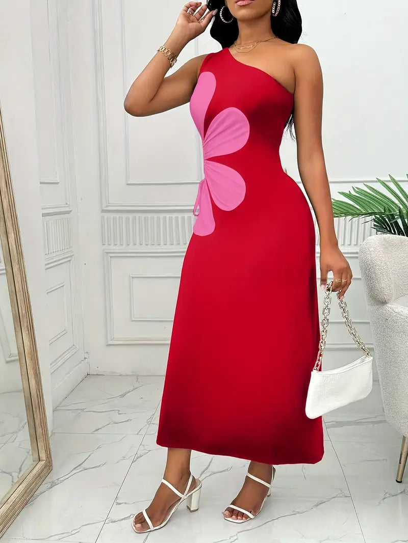 Vestido de fiesta rojo mujer – Vestido sin mangas con estampado de flores rosas elegante