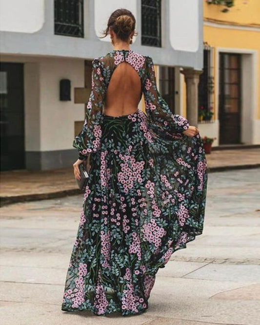 Maxivestido floral vintage – Vestido largo sin espalda elegante para ocasiones especiales