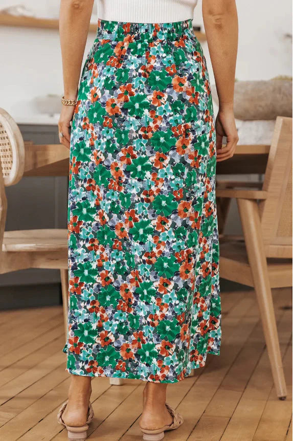 Falda impresa mujer – Falda elegante con diseño de plantas y corte dividido